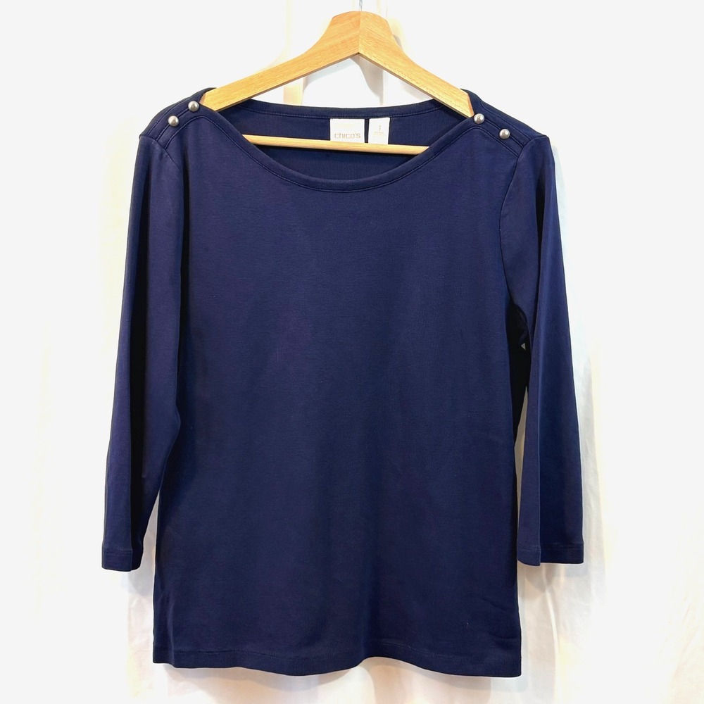Chico's Navy-Blue Boat Neck Sweater, Silver Button‎ Accent, 3/4 Sleeves, Size M